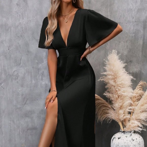 . Dresses & Skirts - Black Preppy Womens Plunging Neck Butterfly Sleeve Split Thigh Satin Dress